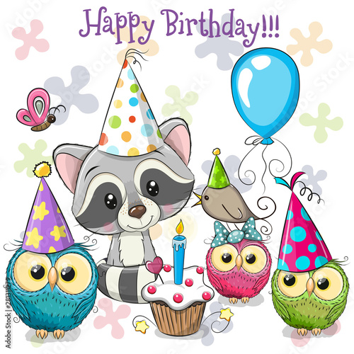 Cute Raccoon and owls with balloon and bonnets