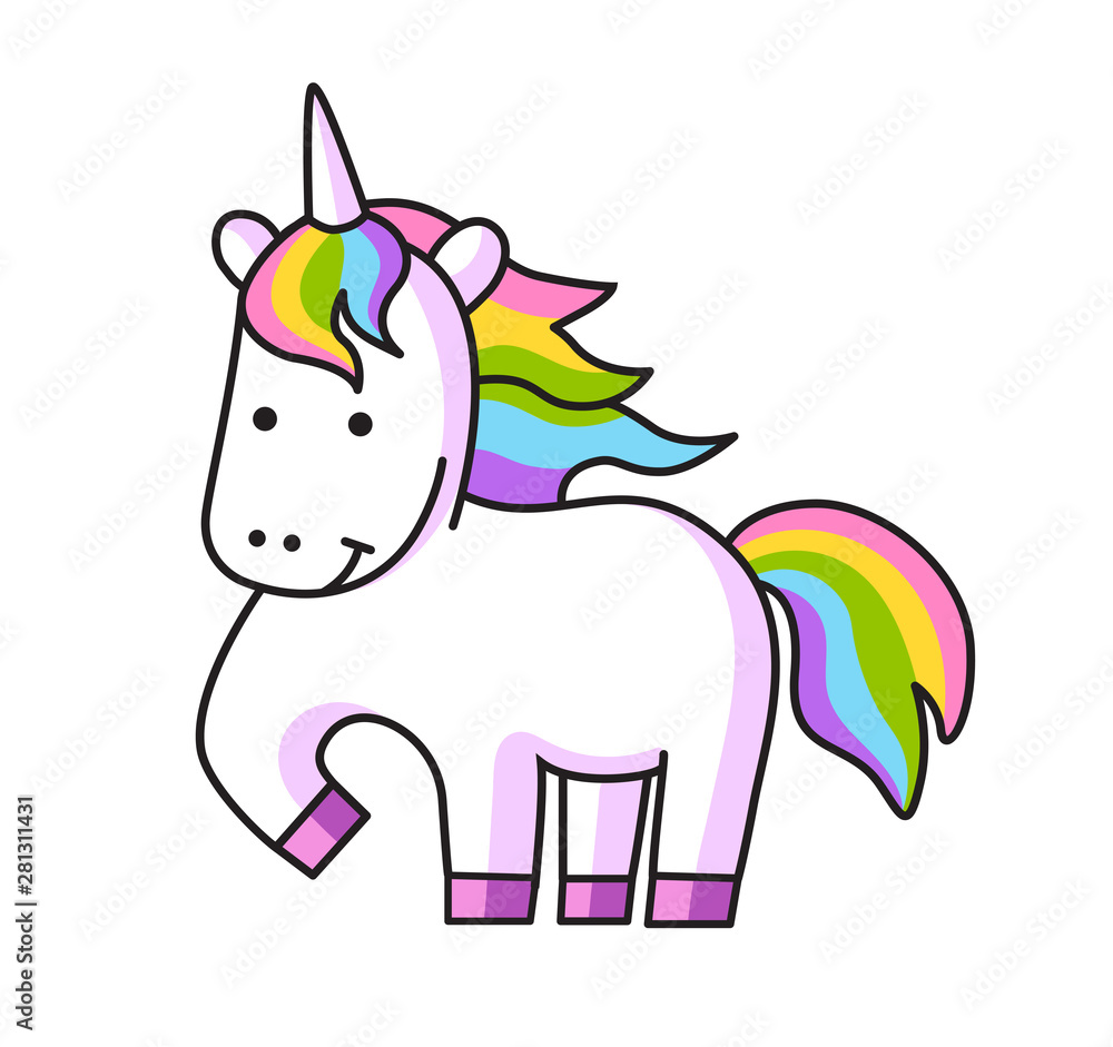 Cute unicorn with rainbow mane. Vector cartoon character illustration.