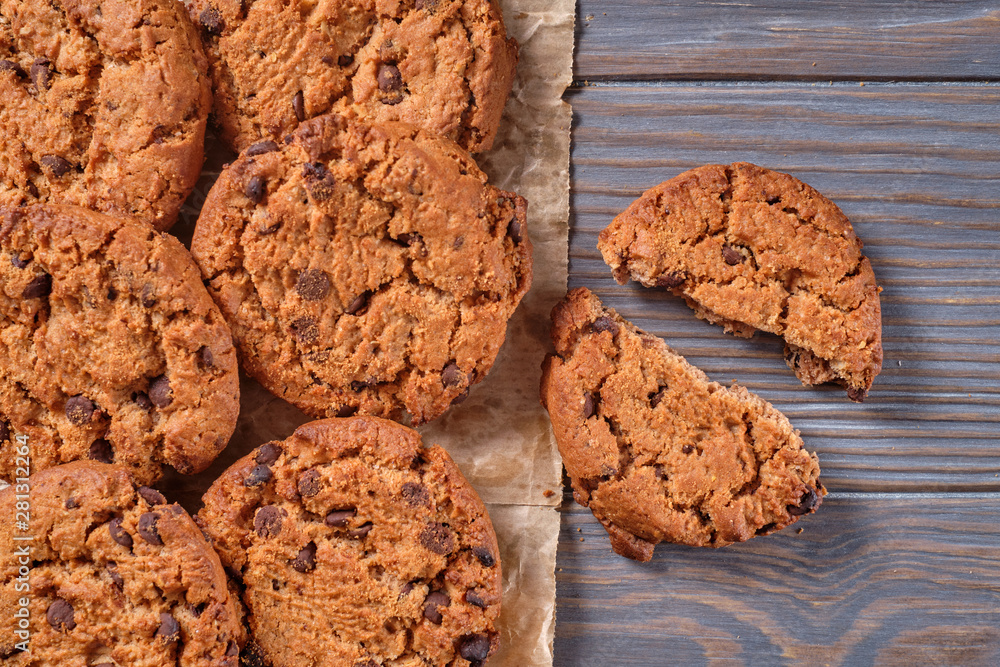 Chocolate oatmeal chip cookies on the rustic wooden table. Flat lay Chocolate oatmeal chip cookies on the rustic wooden table. Flat lay