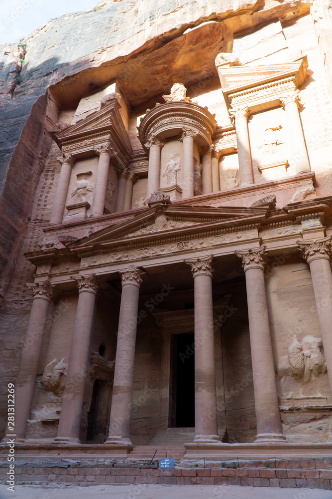 The Nabatean mausoleum Al-Khazneh or The Treasure located in heart of Prehistoric Rock Carved City of Petra, Wonder of The World, Jordan