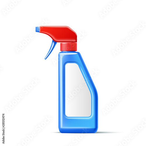 Realistic detergent spray bottle mockup. Blank pistol plastic bottle for kitchen, bathroom and window cleaning product. Household cleaner product design ad. Vector blue spray bottle