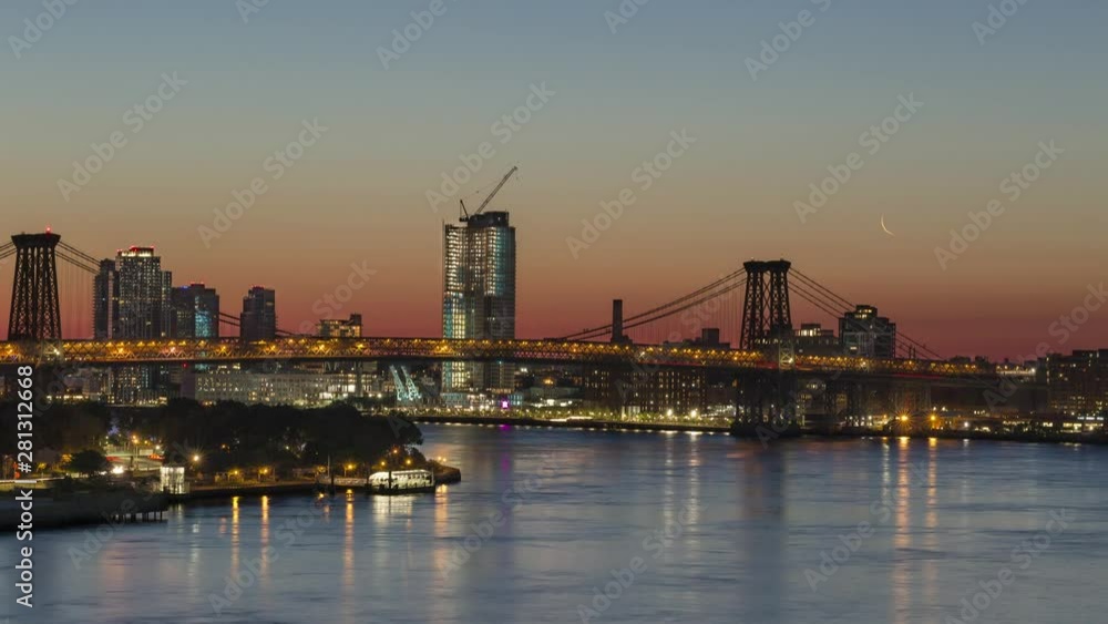 Time-lapse of moon waning crescent rise over Williamsburge bridge Time-lapse of moon waning crescent rise over Williamsburge bridge