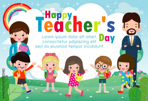 Happy teacher`s day poster concept, World teachers day flat vector banner template, teachers and pupils celebrating international holiday. Greeting card, postcard, poster design layout