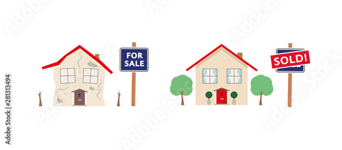 Property sale - vector image of one house in disrepair and the other renovated, with sale and sold signs