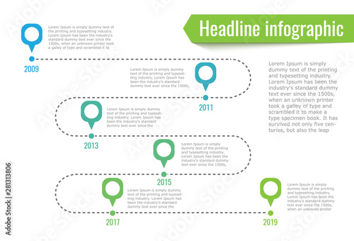infographic path dotted line. 6 points blue and green. Vector illustration.