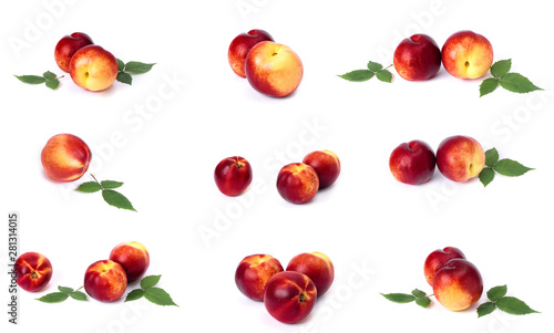 Fototapeta Naklejka Na Ścianę i Meble -  Two red bald peaches on white background. Peaches close up red color. Set of fresh peaches.