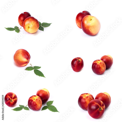 Two red bald peaches on white background. Peaches close up red color. Set of fresh peaches.