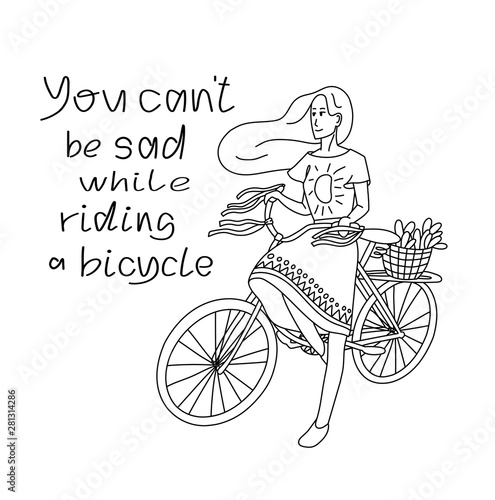 Hand drawn vector bicycle print. Girl riding a bike with 