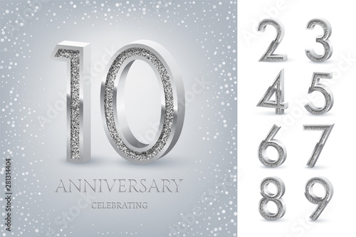 10th Anniversary Celebrating silver text and confetti on light blue background with numbers. Vector celebration anniversary event template.