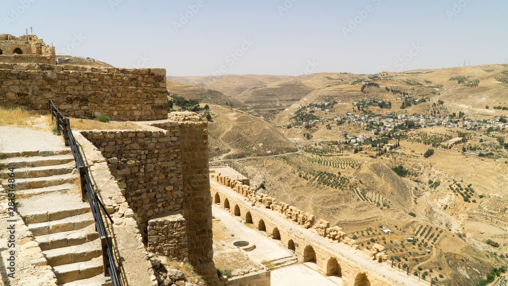 View from the walls of Kerak castle, a large Crusader castle located in al-Karak, Jordan