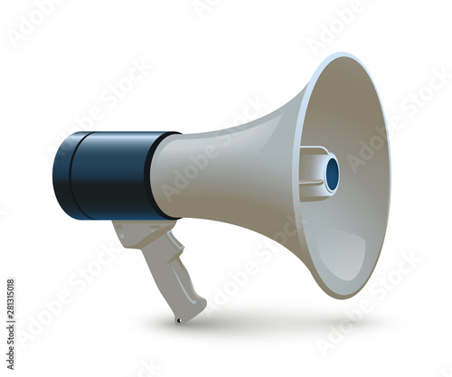 Blue and white megaphone isolated on white background. Vector realistic 3d bullhorn.