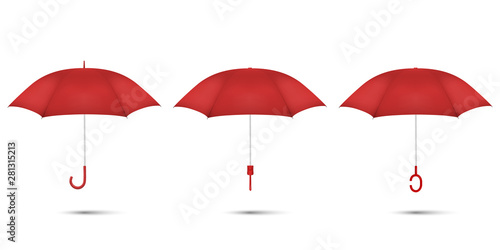 Vector 3d Realistic Render Red Blank Umbrella Icon Set Closeup Isolated on White Background. Design Template of Opened Parasols for Mock-up, Branding, Advertise etc. Top and Front View