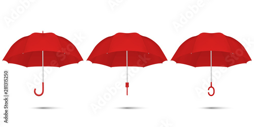 Vector 3d Realistic Render Red Blank Umbrella Icon Set Closeup Isolated on White Background. Design Template of Opened Parasols for Mock-up, Branding, Advertise etc. Top and Front View
