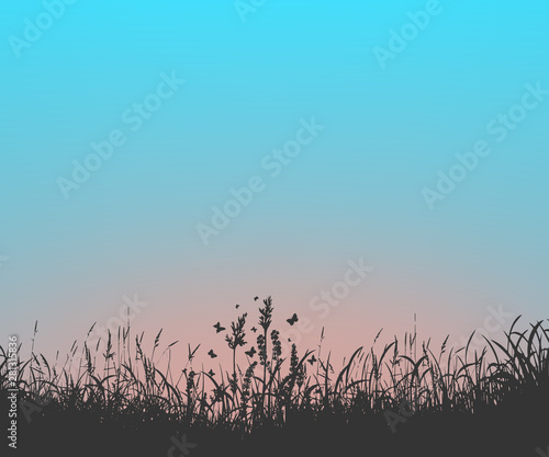 Nature vector illustration. Sunset and sunrise, lea. Realistic background.