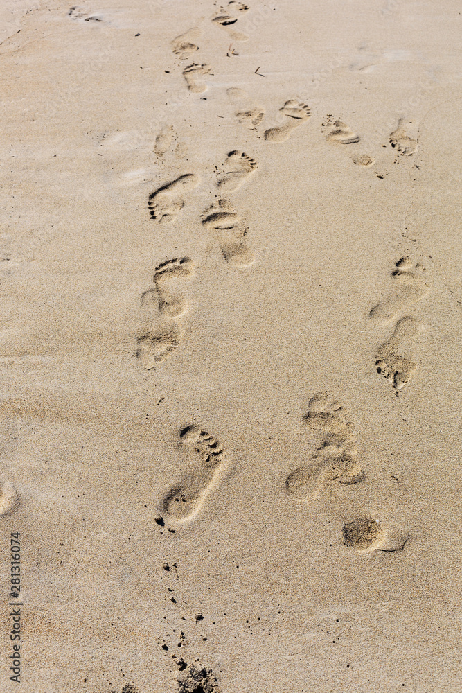 Footprints in the sand, stretching into the distance on the beach in the sunlight Footprints in the sand, stretching into the distance on the beach in the sunlight