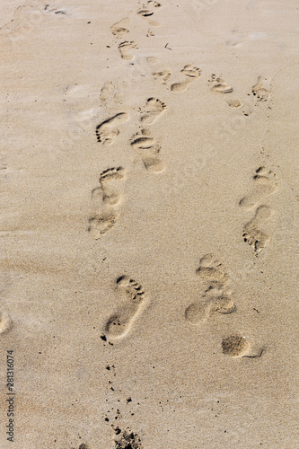 Footprints in the sand, stretching into the distance on the beach in the sunlight