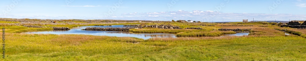 Panorama of a farm field with lake in Inishmore
