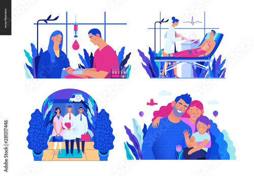Set of medical insurance illustrations - blood test, ECG electrocardiography, specialists visit, family health and wellness- modern flat vector concept digital illustrations, insurance plan metaphor