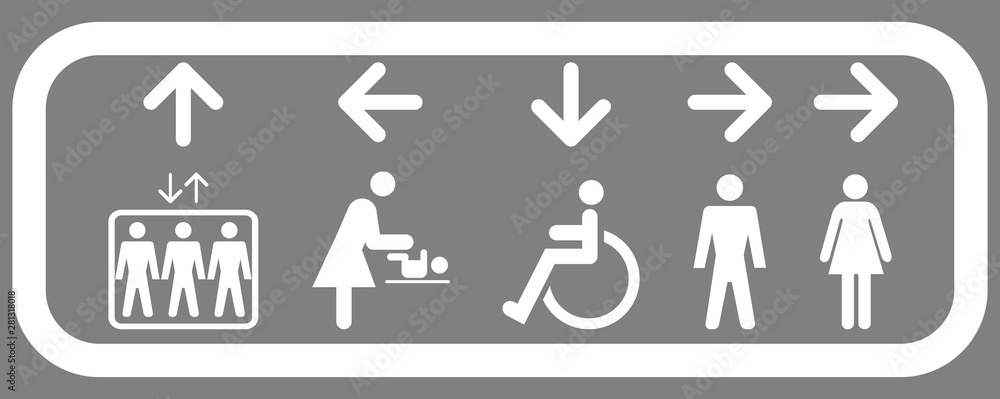 Interior signage system for elevator and for restrooms: ladies, men, disabled, diaper changing toilet Interior signage system for elevator and for restrooms: ladies, men, disabled, diaper changing toilet
