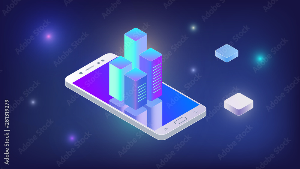 Techno wallpaper with an isometric smartphone. Isometric smartphone with blue background with charts and graphs. Techno wallpaper with an isometric smartphone. Isometric smartphone with blue background with charts and graphs.