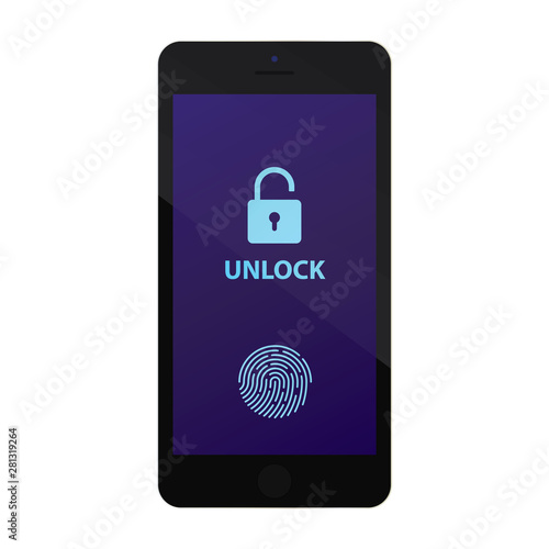 Black smartphone fron view with fingerprint autorization and padlock. Smartphone security fingerprint on screen, vector icon.