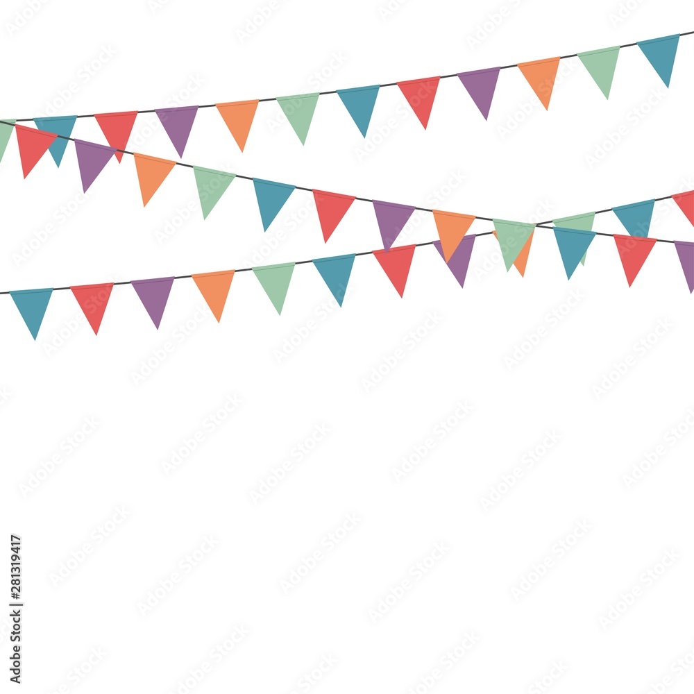 Fototapeta premium Party triangle bunting flags hanging on the rope. Colorful flag - green, blue, purple, red, orange. Template design for holiday decoration, celebration or birthday.