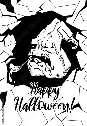 one-eyed pumpkin with a tongue emerges from a crack in the wall. Happy Halloween Text. Poster. Vector
