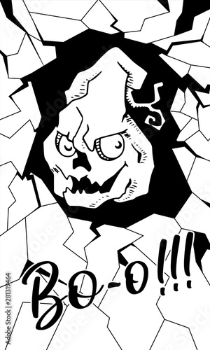 sly pumpkin emerges from the rift in the wall. Boo Text. Poster. Vector