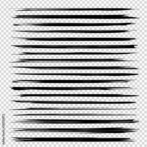 Abstract textured long thin black ink brushstrokes set isolated on imitation transparent background