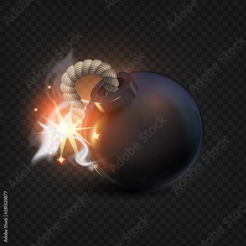 Black Bomb with sparks.realistic bomb 3D. Cartoon. Dark background ,icon, abstract illustration.festive light clouds