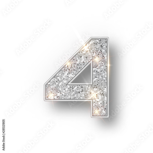 Silver glitter alphabet numbers 4 with shadow. Vector realistick shining silver font number four of sparkles on white background. For decoration of cute wedding, anniversary, party, label, headline