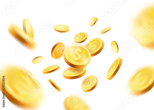 Realistic Gold coins explosion.coins set in different positions. Isolated on white background
