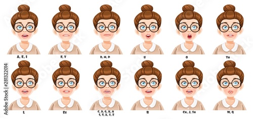Cute cartoon brunette girl on glasses talking mouth animation. Female character speak mouths expressions