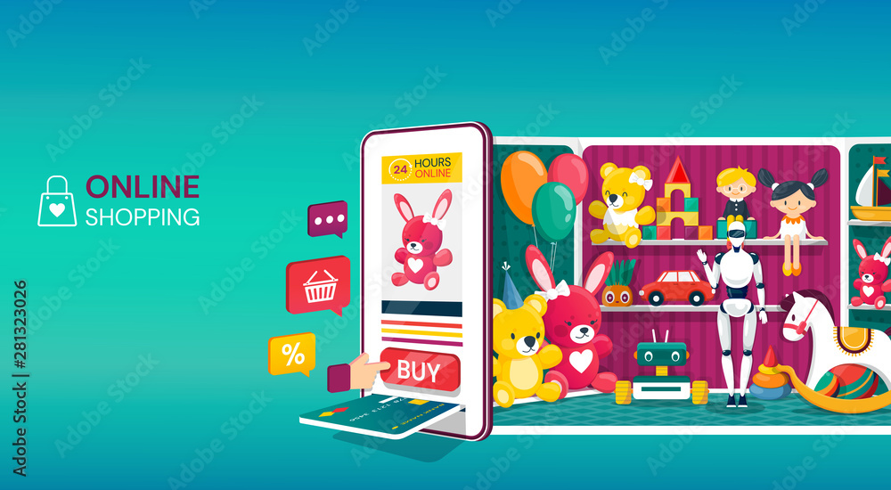 Online shopping for kids toys with a colorful Vector Design