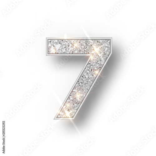 Silver glitter alphabet numbers 7 with shadow. Vector realistick shining silver font number sewen of sparkles on white background. For decoration of cute wedding, anniversary, party, label, headline