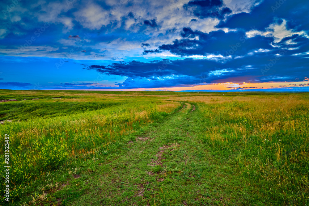 Obraz premium Path in a field with sunset on horizon.