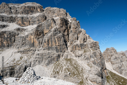 Panoramic view of famous Dolomites mountain peaks, Brenta. Trentino, Italy