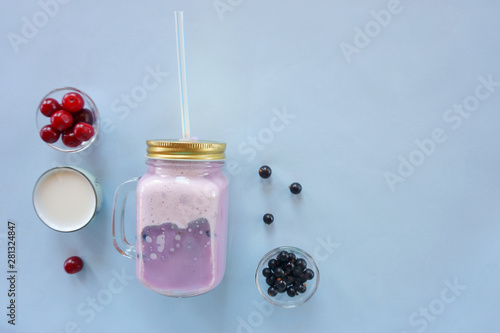 berries and milk smoothies, blue, pink, purple, coral