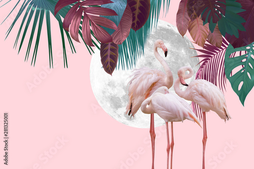 moon and flamingo background design with tropical leaves, can be used as background, wallpaper