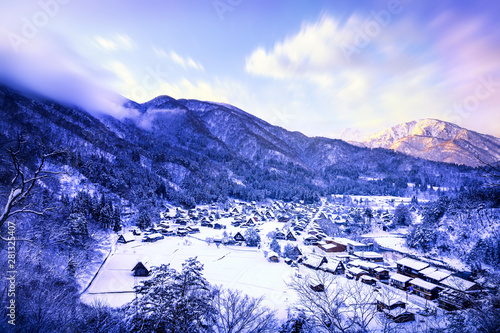 The landscape of Japan. Shirakawago morning light. Historic Village of Shirakawago in winter, Shirakawa is a village located in Ono District, Gifu Prefecture, Japan. photo