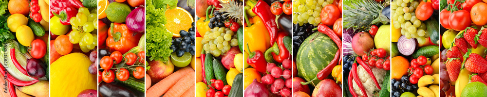 Collection of fruits and vegetables divided by vertical stripes.