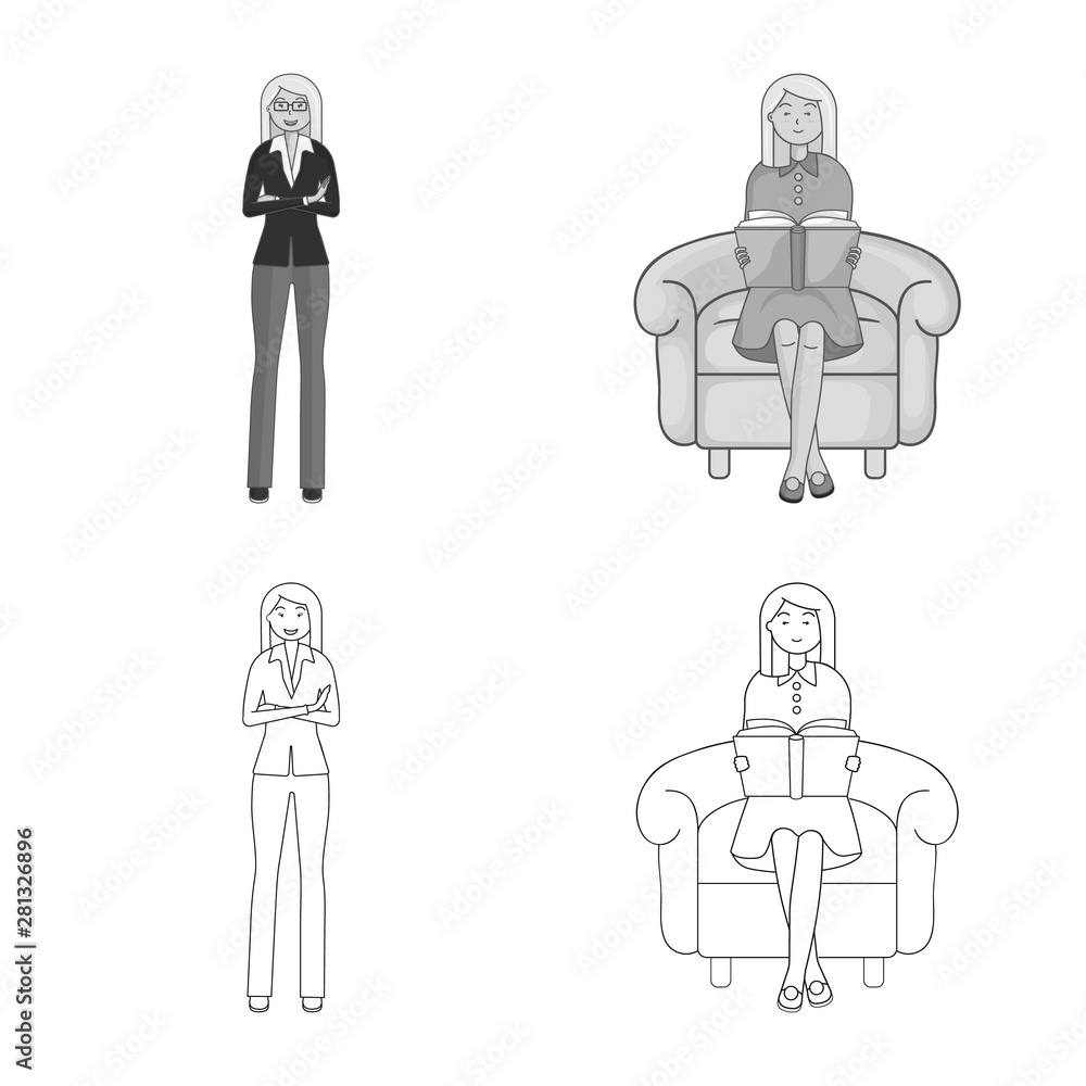Isolated object of posture and mood symbol. Set of posture and female stock vector illustration. Isolated object of posture and mood symbol. Set of posture and female stock vector illustration.