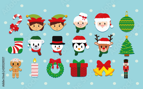 Vector cartoon cute christmas set isolated