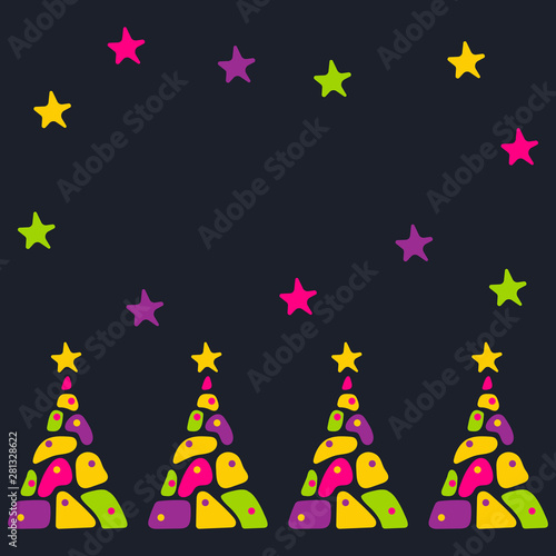 Abstract vector card in trendy memphis 80s-90s style. Bright Christmas trees, Mosaic.