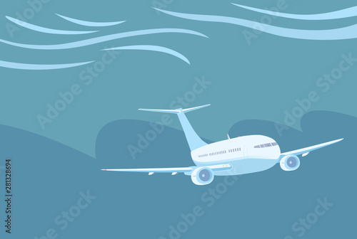 Airplane with two engines flying in severe weather conditions.