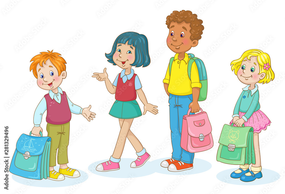 Group of two boys and two girls with schoolbags. In cartoon style. Isolated  on white background Stock Vector | Adobe Stock