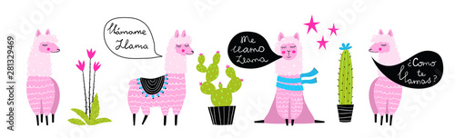 Llamas and Cactus fun collection hand drawn cartoon watercolor style