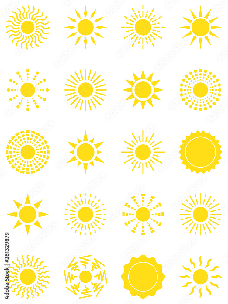 Set of sun icons, vector illustration. In yellow, on a white background Set of sun icons, vector illustration. In yellow, on a white background