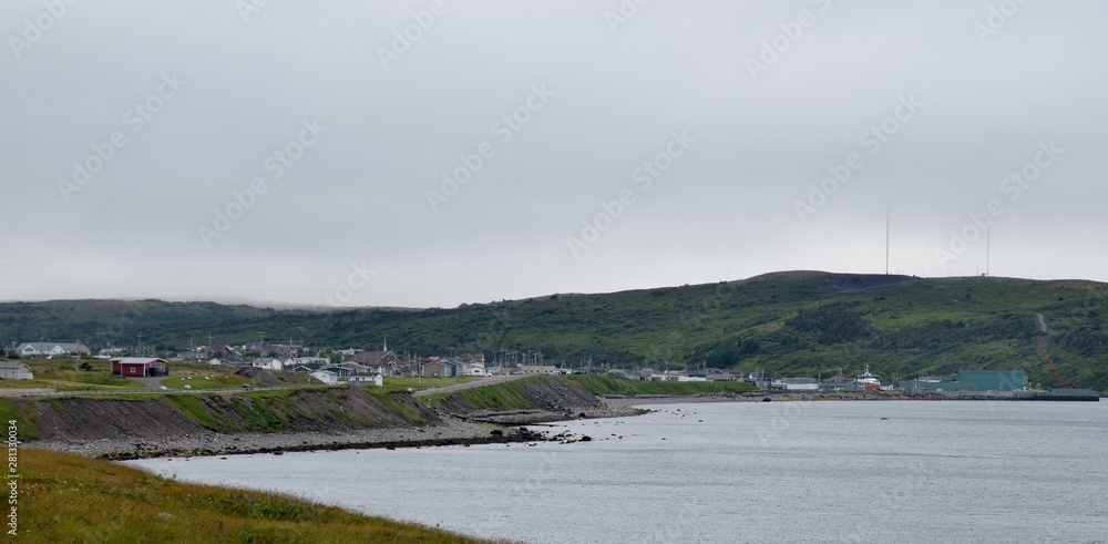 view across the bay towards the town of Fortune, the Saint Pierre Ferry in the background; Burin Peninsula Newfoundland Canada