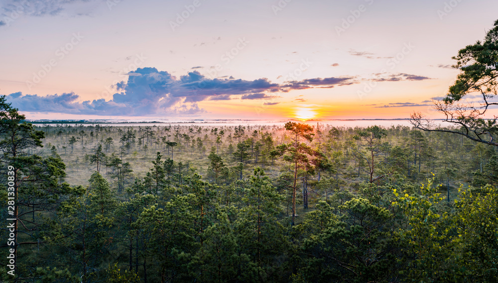 Warmly colored sunrise over a foggy swamp. Aerial view of stunning landscape at peat bog at Cenas Tirelis in Latvia. Wooden trail leading along the lake surrounded by pounds and forest. 